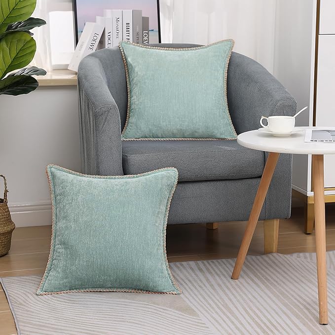 decorUhome Chenille Soft Throw Pillow Covers 26x26 Set of 2, Farmhouse Velvet Neutral Decorative Euro Pillow Covers with Stitched Edge for Couch Sofa Bed Home Decor, Aqua Haze-Ruum Studio Home