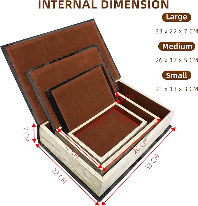 Decorative Book Box Set of 3,Vintage Style Book Shaped Storage Box,Leather Decorative Wooden Trinket Jewelry Books Boxes with Antique Embossed Pattern,Mother's Day/Graduation /Birthday Gift Idea-Ruum Studio Home