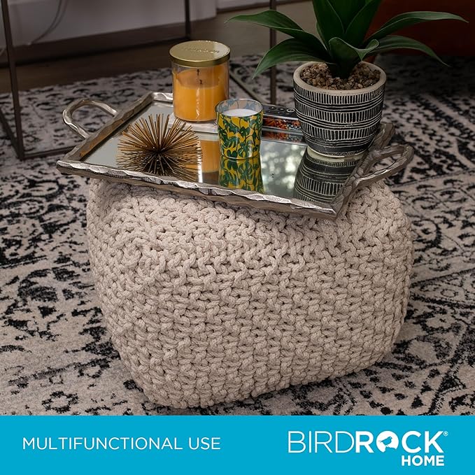 BIRDROCK HOME Square Pouf Ottoman | Cotton Braided Foot Stool with Bean Bag Filling | Boho Foot Rest for Living Room, Bedroom | Compact & Comfortable Seating, Lightweight & Sturdy | Natural-Ruum Studio Home