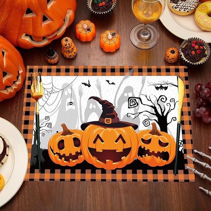 Honoson 100 Pieces Halloween Placemats Happy Halloween Fall Pumpkin Placemats Paper Halloween Place Mats Spooky Ghost Buffalo Plaid Kitchen Mat Double Sided Dinner Table Mats, 14 x 10 Inch-Ruum Studio Home