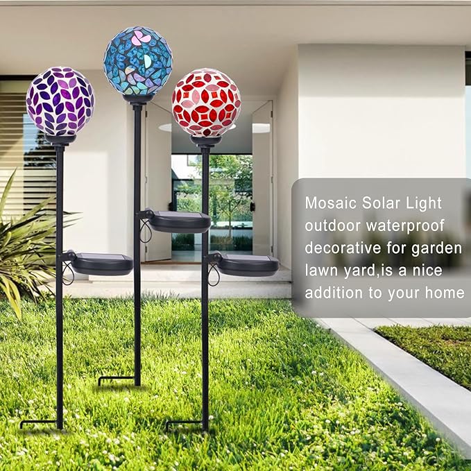 VCUTEKA Solar Garden Decorative Lights Outdoor, Mosaic Solar Light Waterproof LED Pathway Stake Light for Landscape Patio Yard Deck Walkway Decoration, 3 Pack （Blue&Purple&Red）-Ruum Studio Home
