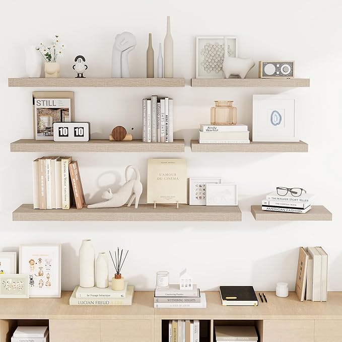 48 Inch Floating Shelves, 3D Textured Wood Grain, 48"x9.25"x1.5" Inch Deep Floating Shelves for Wall, Wooden Shelves for Bathroom, Bedroom, Living Room, Vintage White Oak-Ruum Studio Home