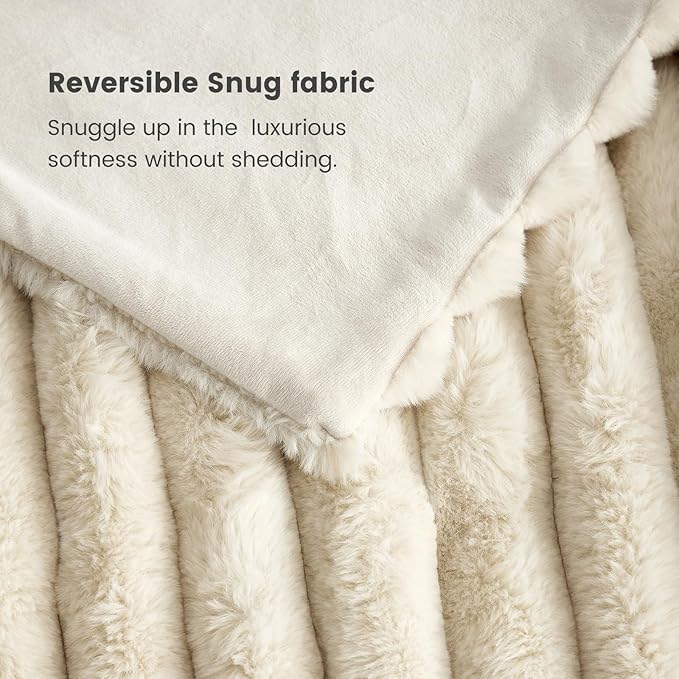Cozy Bliss Faux Fur Throw Blanket for Couch, Cozy Warm Plush Striped Blanket for Sofa Bedroom Living Room,50 * 60 Inches Beige-Ruum Studio Home