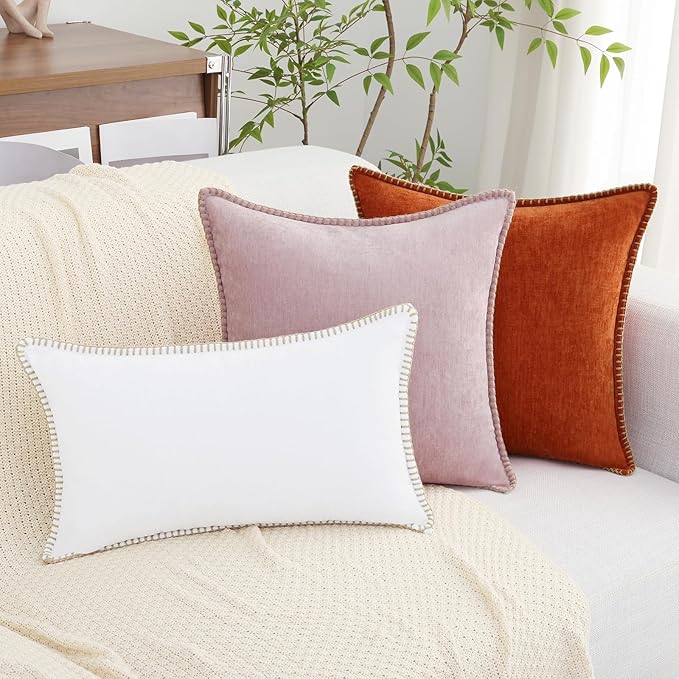 decorUhome Chenille Soft Throw Pillow Covers 16x16 Set of 2, Farmhouse Velvet Neutral Decorative Euro Pillow Covers with Stitched Edge for Couch Sofa Bed Home Decor, White-Ruum Studio Home