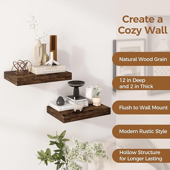 12 Inch Deep Floating Shelves, 16 x 12 Floating Shelf for Books, Rustic Wood Deep Wall Shelves for Home Storage & Display, 2" Thicked Shelves for Kitchen, Living Room, Bedroom, Rustic Brown, 2 Pack-Ruum Studio Home