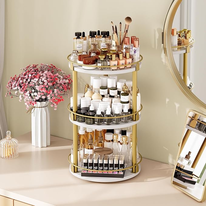 3-Tier Lazy Susan, Rotating Spice Rack, Spinning Organizer, Industrial Turntable Spice Rack for Cabinet, Kitchen Countertop, Pantry, White and Gold SR23DW-Ruum Studio Home