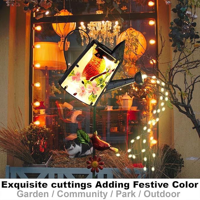 Garden Solar Lights Outdoor, Metal Watering Can Garden Stake Lights Cardinal Bird Decor Glass Art for Walkway, Pathway, Yard, Lawn-Ruum Studio Home