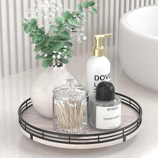 10" Oak Bathroom Vanity Tray Turntable for Perfume Candle, Round Wooden Decorative Tray for Kitchen Sink Countertop Organizer, Bathroom Counter Organizer for Skincare Makeup, Rustic White-Ruum Studio Home