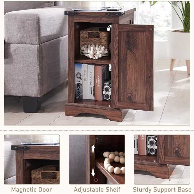 JXQTLINGMU Farmhouse Nightstand Set of 2 with Charging Station, 17" D Rectangular End Table with Barn Door & Adjustable Storage Shelf, Wood Rustic Sofa Side Table for Living Room, Bedroom, Brown-Ruum Studio Home