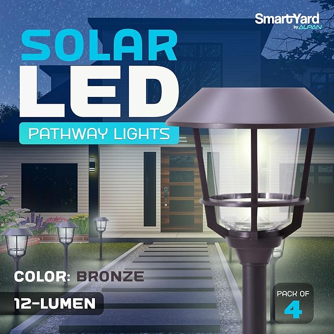 Solar LED Path Lights 4 Pack – 12 Lumens, Warm White, Oil-Rubbed Bronze, Solar Powered, Stainless Steel, Weather-Resistant for Garden, Walkway, Patio-Ruum Studio Home