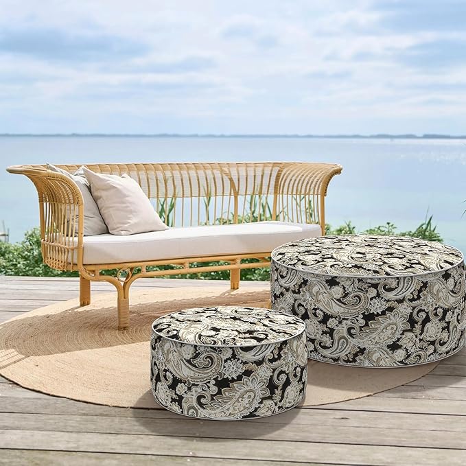 Inflatable Ottoman Stool D31 xH14 for Outdoor/Indoor Use, Water Repellent Patio Foot Rest Stool with Portable Handle,Round Pouf Ottoman Suitable for Garden,Deck and Camping - Paisley Black-Ruum Studio Home