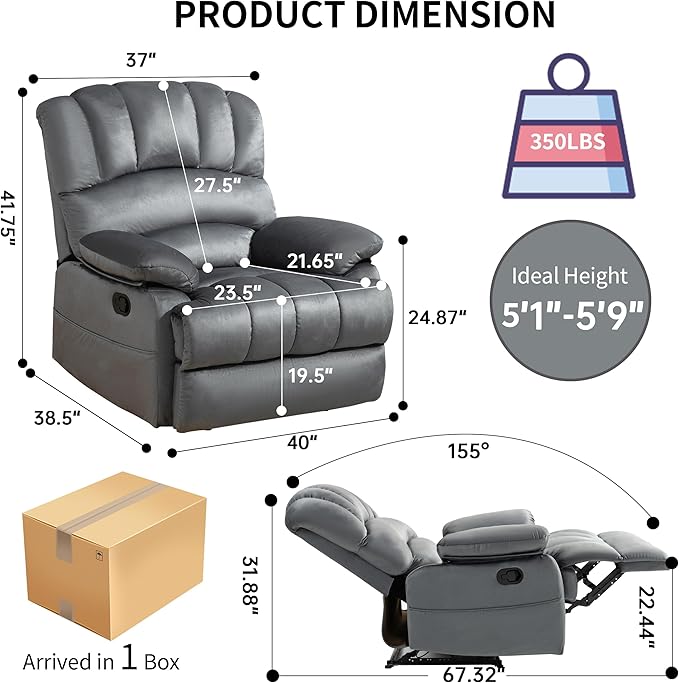Luxlen Manual Recliner Chair, Reclining Chair with Overstuffed Armrest and Backrest, Living Room Single Sofa Recliners,Light Grey-Ruum Studio Home