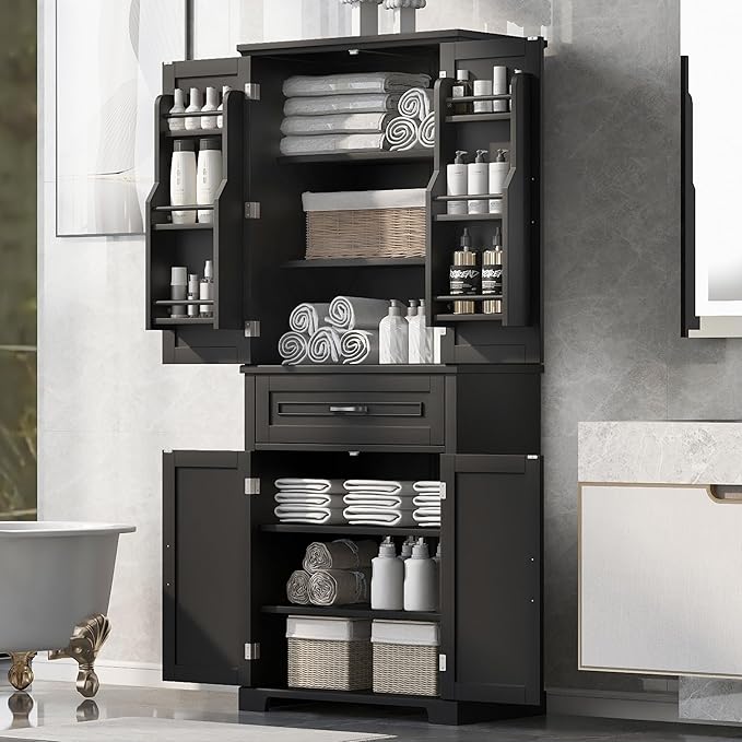 72.2" Tall Storage Cabinet with 4 Doors and Drawer, Freestanding Linen Cabinet, Wooden Pantry with Adjustable Shelf for Kitchen, Bathroom, Living Room Black-Ruum Studio Home
