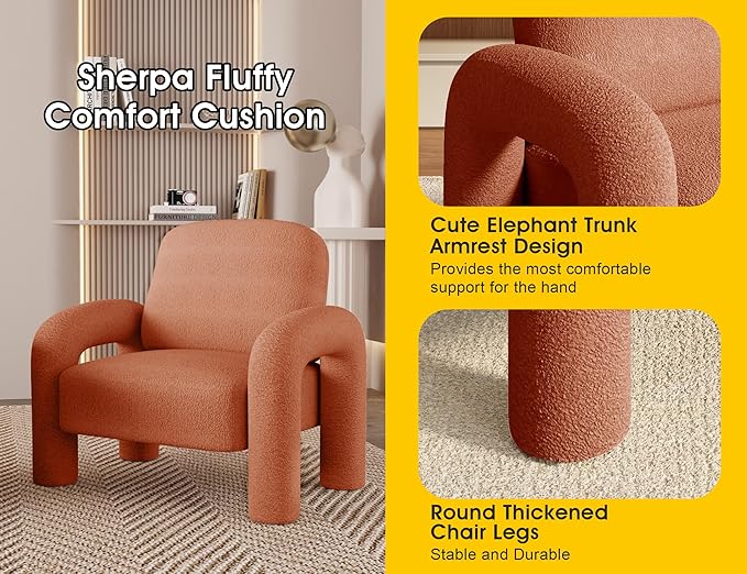 Modern Sherpa Accent Chair, Teddy Upholstered Arm Single Sofa, Cozy Fluffy Reading Chair for Living Room, Bedrooms, Corner (Orange)-Ruum Studio Home