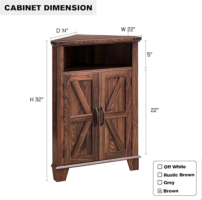 Corner Bathroom Cabinet, Farmhouse Small Cabinet with Barn Door & Adjustable Shelf, Storage Cabinets for Bathroom, Kitchen & Living Room, Brown-Ruum Studio Home