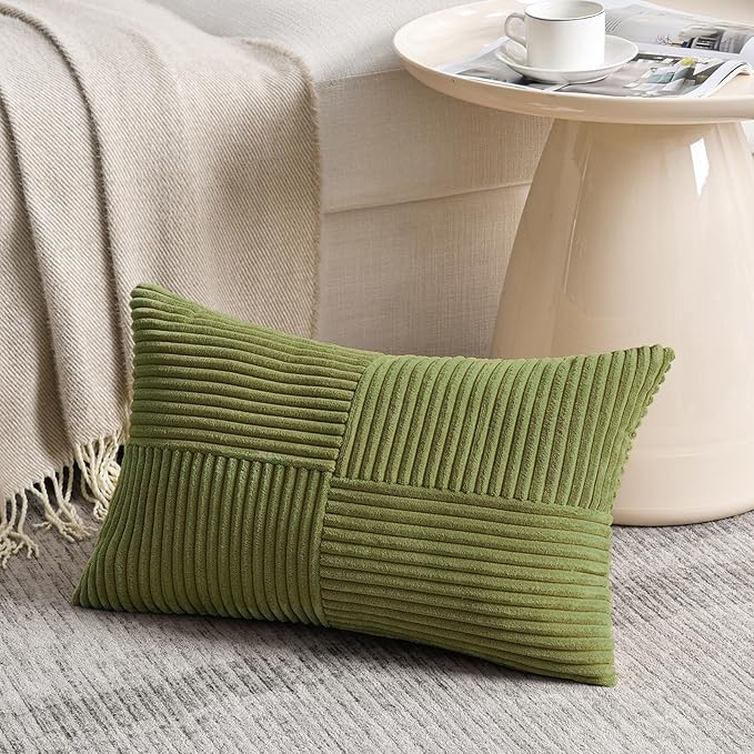 Fancy Homi 2 Packs Moss Green Lumbar Decorative Throw Pillow Covers 12x20 Inch for Living Room Couch Bed, Rustic Farmhouse Boho Home Decor, Soft Striped Corduroy Rectangle Accent Cushion Case 30x50 cm-Ruum Studio Home