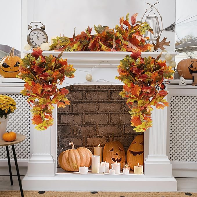 RECUTMS 2pcs Artificial Hanging Maple Leaves Plants Fake Fall Vines Plants Faux Autumn Hanging Fall Artificial Mums for Indoor Outdoor Thanksgiving Party Wedding Home Wall Door Decor(Green Yellow)-Ruum Studio Home