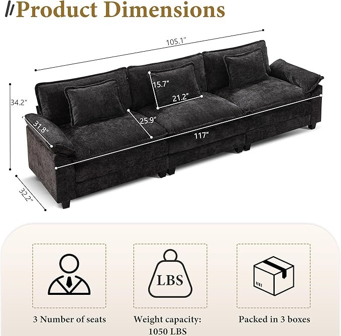 URRED Modular Sectional Sofa Comfy Cloud Couch, Modern Chenille Sofa Sleeper Deep Seat Couches with Ottoman/Pillows for Living Room (Black, 117'')-Ruum Studio Home