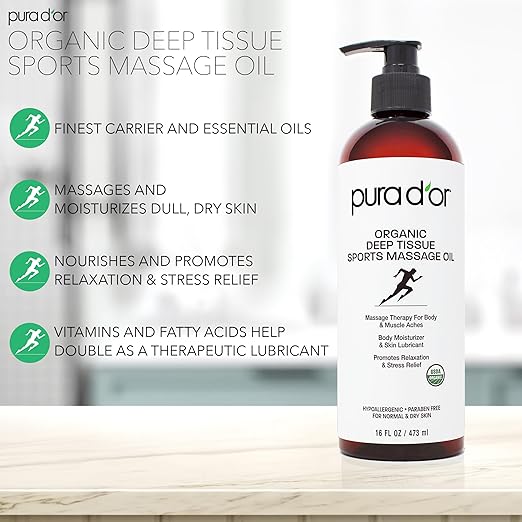 PURA D'OR 16 Oz Organic Deep Tissue Sports Massage - Jojoba, Sunflower, Almond, Grapefruit & Eucalyptus Oils - Alleviate Muscle Soreness-Ruum Studio Home