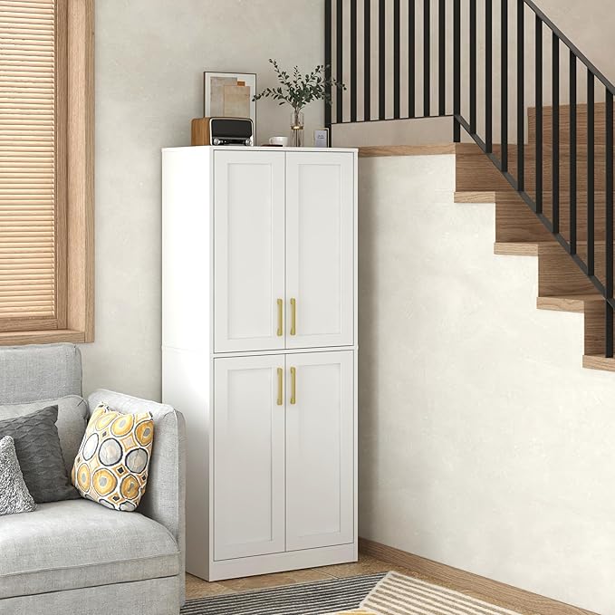 Storage Cabinet, Kitchen Pantry with Doors & Shelf, Tall Storage Cabinet for Bathroom, Living Room, Entryway,White-Ruum Studio Home