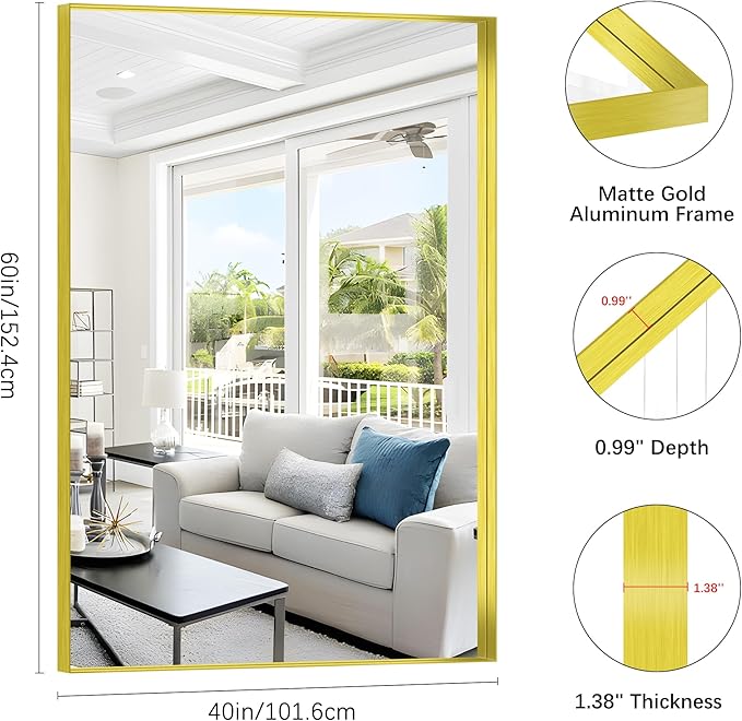 Gold Bathroom Mirror, 60x40 Inch Rectangular Framed Mirror, Large Wall Mounted Bathroom Vanity Mirror Over Sink for Bedroom,Restroom, Living Room, Hangs Vertically or Horizontally-Ruum Studio Home