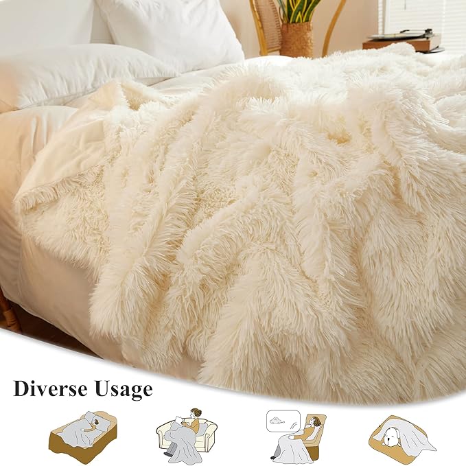XeGe Luxury Faux Fur Blanket, Ivory Soft Big Fluffy Throw, Shaggy Plush Decorative Couch Blanket, Cute Off White Furry Fuzzy Throw for Bed Bedroom Living Room Beige, 60x90-Ruum Studio Home