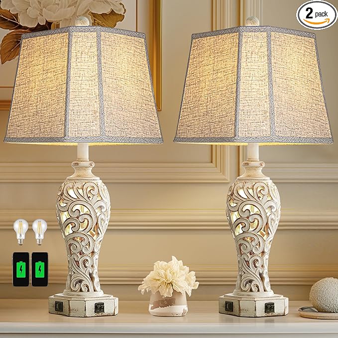 Set of 2 Rustic Table Lamps for Living Room Bedroom, Farmhouse Vintage Nightstand Lamp with 2 USB Ports, Hollow Out Resin Lamp for End Table with Nightlight, Bulbs Included (Wash White)-Ruum Studio Home