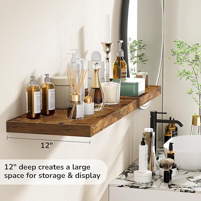 Fun Memories Floating Shelves - 2 Pack 12 Inch Deep Rustic Wooden Wall Shelves - Extra Deeper & Thicker Wall Mounted Storage Shelf for Living Room, Kitchen, Farmhouse - 16" W x 12" D x 1.5" H - Brown-Ruum Studio Home