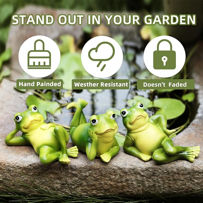 Frog Figurine Garden Decor Set of 3, Funny Lazy Frog Garden Statues Yard Decoration Outdoor Holiday Decorations, Unique Yart Art Outdoor Lawn Ornament for Outside Pond Pool Patio Front Porch Backyard-Ruum Studio Home