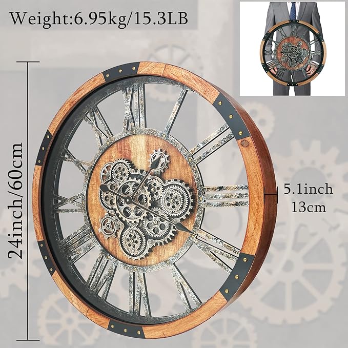 24 Inch Moving Gear Wall Clock, Oversized Wall Clocks, Clock Living Room Decor, Solid Wood Frame, Battery Operated, Large Wall Clock with Steampunk Industrial for Fireplace(Brown)-Ruum Studio Home