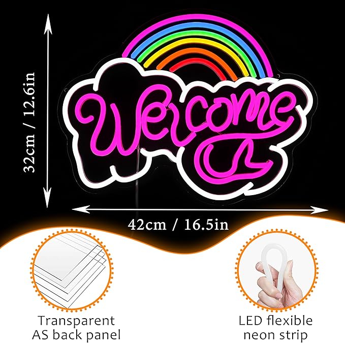 LISIGNVE Rainbow Welcome Neon Sign Cloud Light Up Sign Welcome Led Sign Rainbow Neon Light with USB for Bedroom Wedding Party School Business Wall Decor (16.5”*12.6”)-Ruum Studio Home