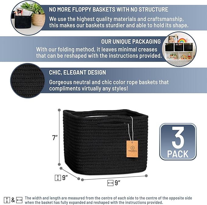 NaturalCozy Storage Cubes 9”x9”x7”Cotton Rope Woven Baskets for Organizing 3-Pack | 9 Inch Cube Storage Bin | Small Basket for Shelf Nursery, Pantry, Decorative Plant, Bathroom Closet, Toy Gift-Ruum Studio Home