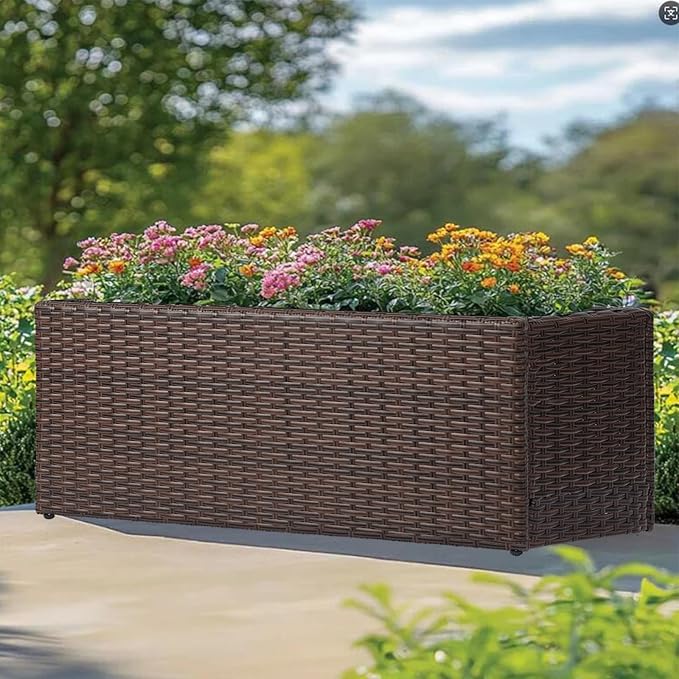 LEWIS&WAYNE Large Rectangular Block Planter Box Handmade Wicker Tall Planters for Outdoor Plants with Removable Liners Modern Planter for Indoor Outdoor Patio Deck - Brown, 36''x12''x16''-Ruum Studio Home