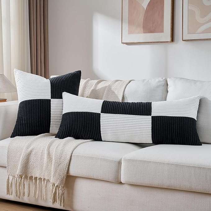Fancy Homi Set of 2 Black White Lumbar Decorative Throw Pillow Covers 12x20 Inch for Living Room Bedroom Couch Bed Sofa, Soft Striped Corduroy Modern Rectangle Accent Cushion Case 30x50 cm-Ruum Studio Home