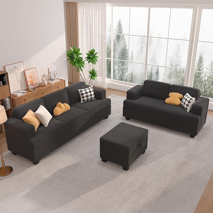 Ottoman Sofa, Modern Comfortable Ottoman with Storage Space for Living Room Apartment Lounge Sofa, Black Bouclé-Ruum Studio Home