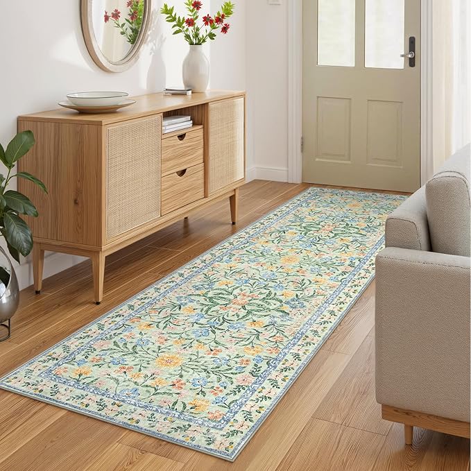 Wonnitar Washable Runners for Hallways, 2'6''x8' Floral Green Runner Rug for Kitchen Bathroom, Boho 8ft Non Silp Extra Long Rugs for Entryway Bedroom Laundry-Ruum Studio Home