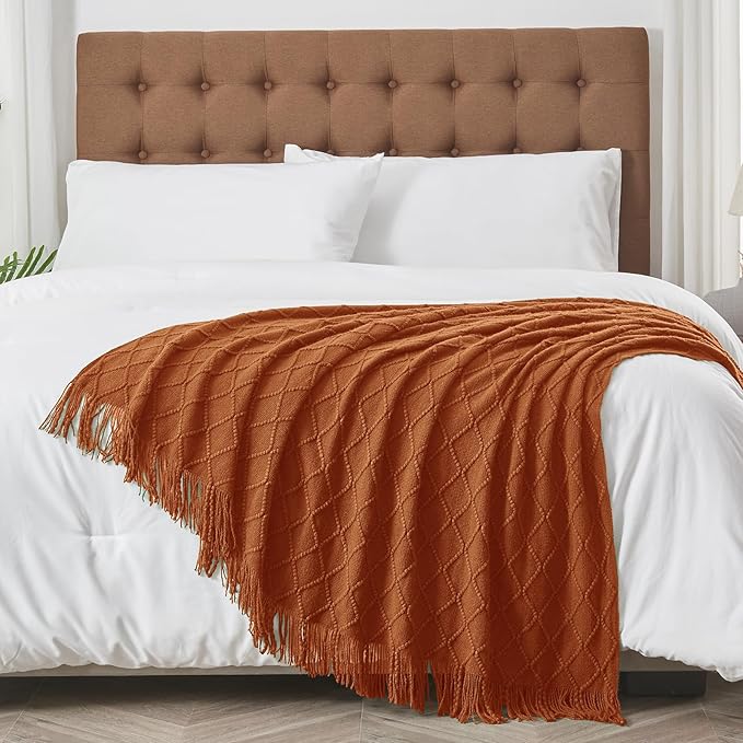 inhand Knitted Throw Blankets for Couch and Bed, Soft Cozy Knit Blanket with Tassel, Orange Rust Lightweight Decorative Blankets and Throws, Farmhouse Warm Woven Blanket for Men and Women, 50"x60"-Ruum Studio Home