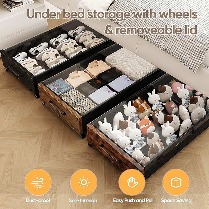 Wooden Under Bed Storage with Wheels, Rolling Under the Bed Storage Bins with Removable Lid, Metal Under Bed Drawers for Clothes and Shoes in Bedroom or Living Room(Black Wood-2pack)-Ruum Studio Home