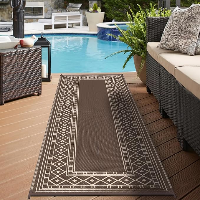 GENIMO Outdoor Rug Waterproof for Patio Decor, 2.5'x8' Foldable Reversible Plastic Straw Runner Rugs Carpet for Porch, Outside Area Mat for Rv, Deck, Picnic, Camper, Balcony, Coffee & Beige-Ruum Studio Home