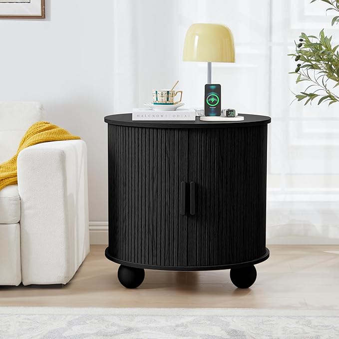 AVZEAR 24" Large Round End Table with Charging Station, Farmhouse Fluted Sofa Side Table with Sliding Tambour Door & Storage, Mid-Century Wood Nightstand for Living Room, Bedroom, Black-Ruum Studio Home