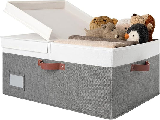 GRANNY SAYS Decorative Storage Boxes with Lid, Large Storage Bins with Double-Open Lid and Divider, Fabric Storage Bins for Clothes, Linen Storage Bins, 63L Closet Storage Bins, White&Gray-Ruum Studio Home