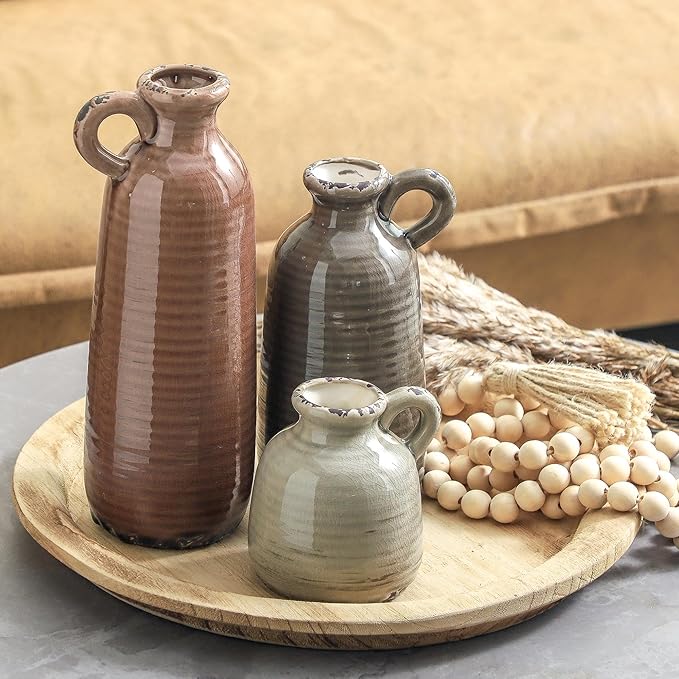 Ceramic Vases Set of 3, Neutral Rustic Farmhouse Vase with Handle, Decorative Flower Vases Home Decor Modern Boho Pampass Vase for Table Mantel Entryway Shelf Living Room Kitchen Bathroom - Brown-Ruum Studio Home