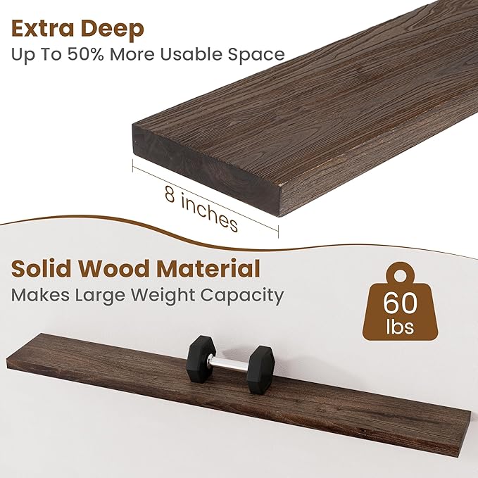 Floating Shelves for Wall Decor, 8 Inch Deep Rustic Solid Elm Wood Floating Shelves Wall Mounted, Wall Shelves with Invisible Bracket for Living Room Bathroom Bedroom Kitchen, 55 Inch Set of 1, Walnut-Ruum Studio Home