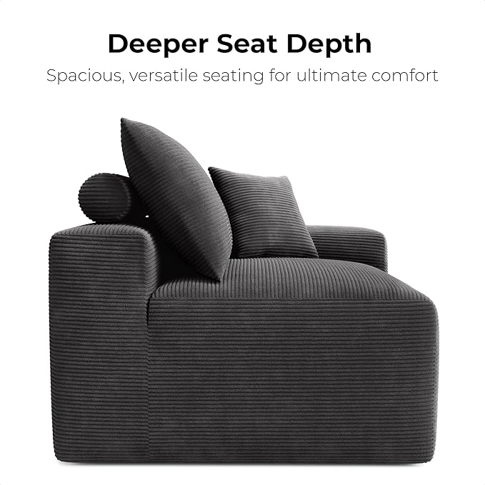 LIKIMIO 120" Modern L-Shaped Modular Sectional Sofa for Living Room, Corduroy Upholstery Dark Grey, Oversized 3-Seater Couch with Deep Seat and Movable Ottoman – No Assembly-Ruum Studio Home