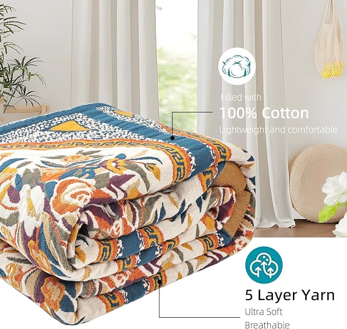 Boho Throw Blanket for Bed - 100% Pure Cotton Ultra Soft Rustic Quilt - Farmhouse Decor Bed Blankets, All Season Rustic Throw for Sofa Couch Chair(91''x 98'', Floral)-Ruum Studio Home