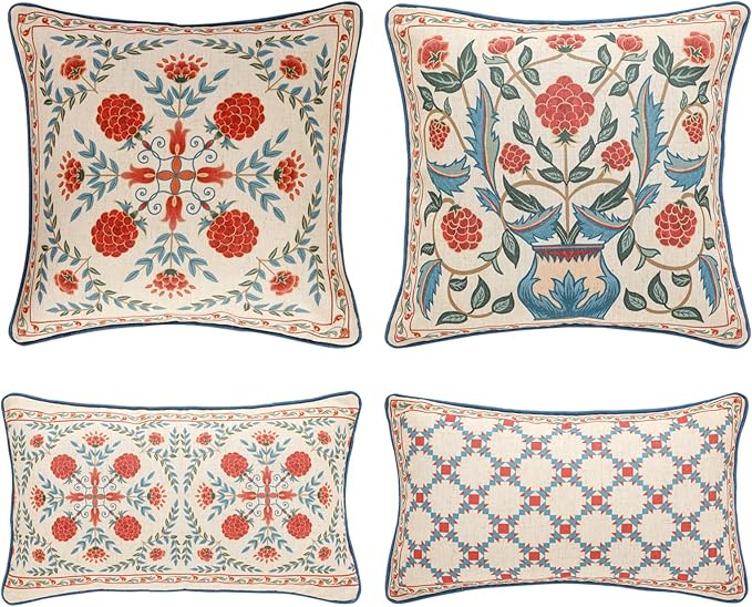 patdrea Designer Throw Pillow Covers Set of 4,Brilliant Vintage Red Tropical Linen with Floral Pattern Pillow Cover,Decorative Lumbar and Square Pillowcases Cushion for Bed Living Room Outdoor-Ruum Studio Home