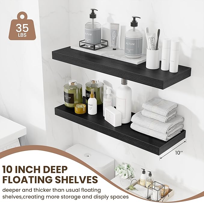 Fun Memories Floating Shelves for Wall, 32 Inch Long Floating Shelves Set of 2, 32 x 10 Wooden Shelves for Wall, Large Storage Shelves, Hanging Shelves for Bathroom Kitchen Bedroom, Black-Ruum Studio Home