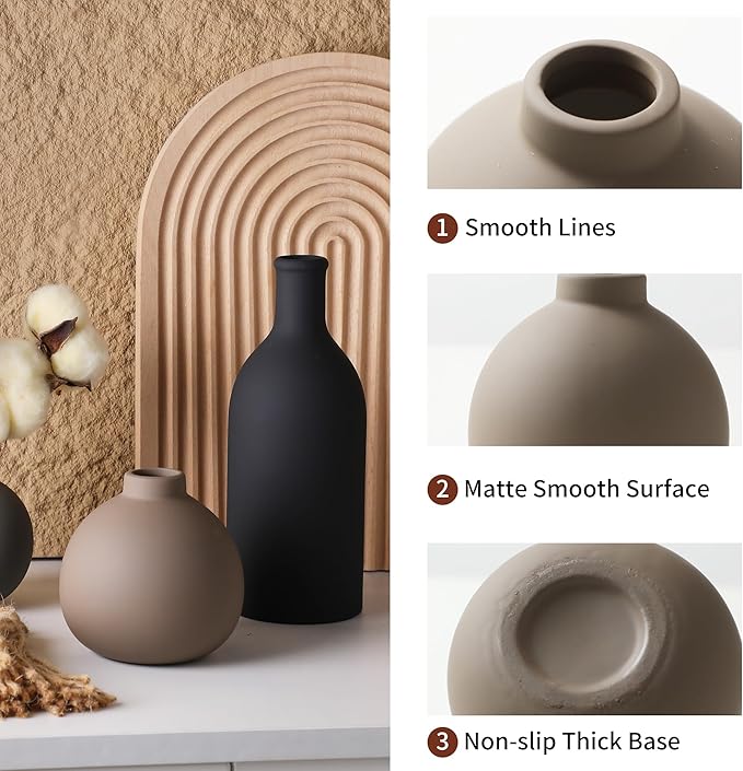 Ceramic Vase Set of 3, Vases Home Decor Rustic Farmhouse Decor Pottery Vases for Bouquet Pampas Grass Dried Fresh Flowers, Living Room, Kitchen, Bedroom, Bathroom, Entryway Mantel, Decor -Multicolor-Ruum Studio Home