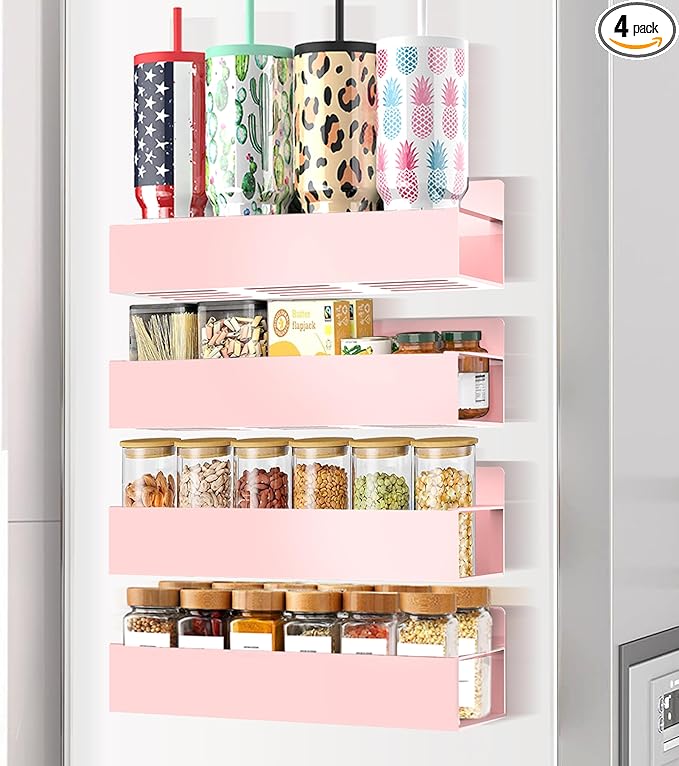Magnetic Spice Rack Organizer for Fridge Seasoning Organizer for Kitchen Storage With Screw Magnetic Shelf for Oven, RV,Garage,Bathroom (Pink, 4pack)-Ruum Studio Home