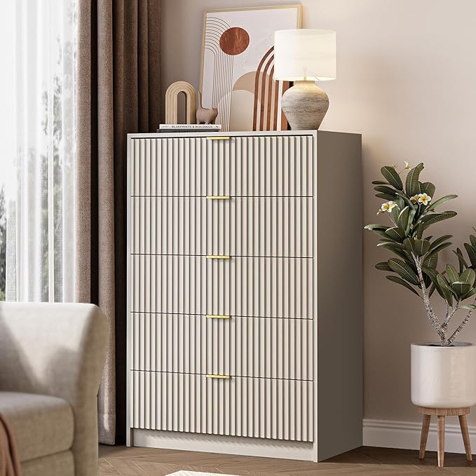5 Drawer Dresser for Bedroom, Tall Dresser Chest of Drawers with Gold Handles, 32 Inch Wide Nightstand with for Bedroom, Living Rooms, Offices, and Entryways, Beige-Ruum Studio Home